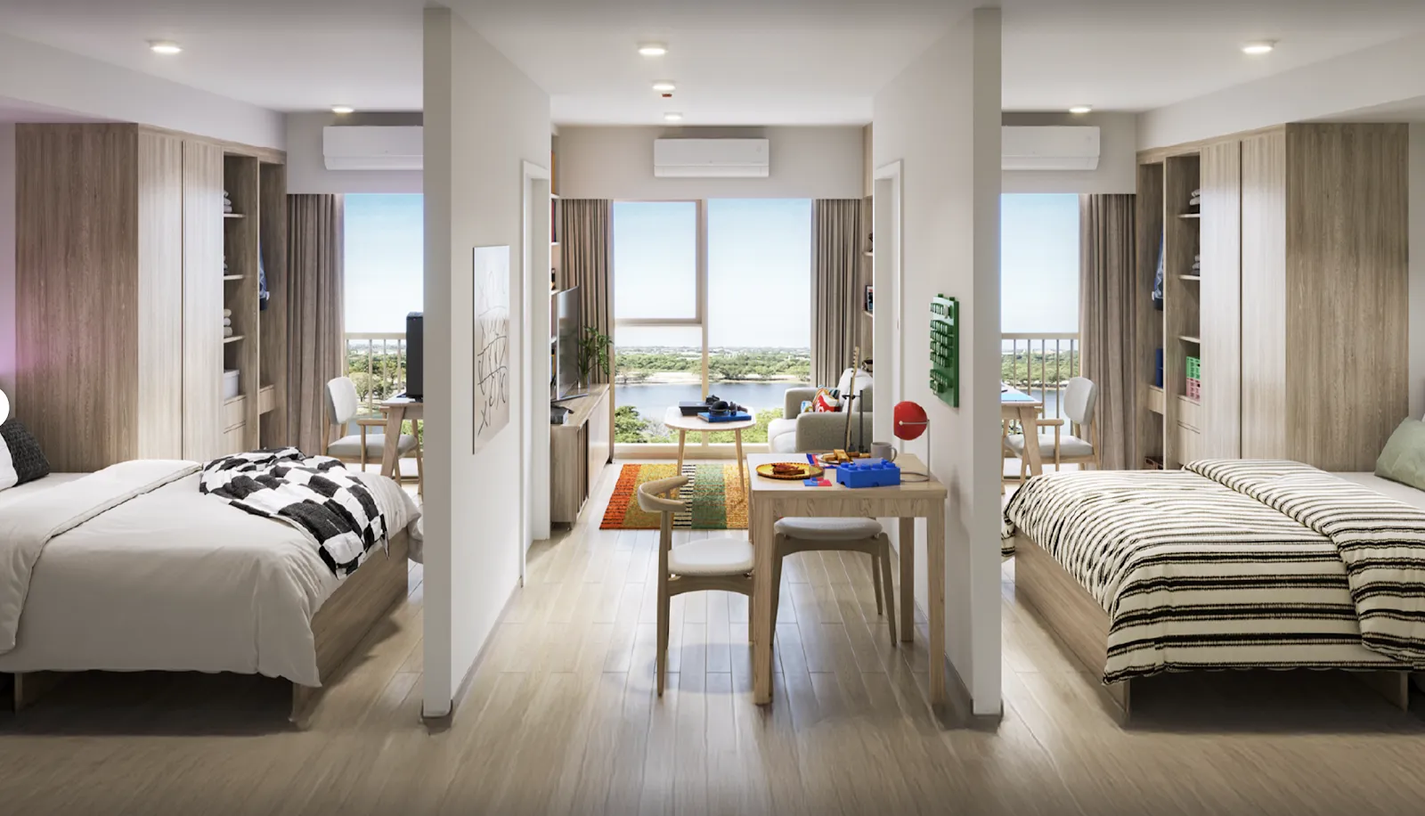 A room with two beds and a table AI-generated content may be incorrect.