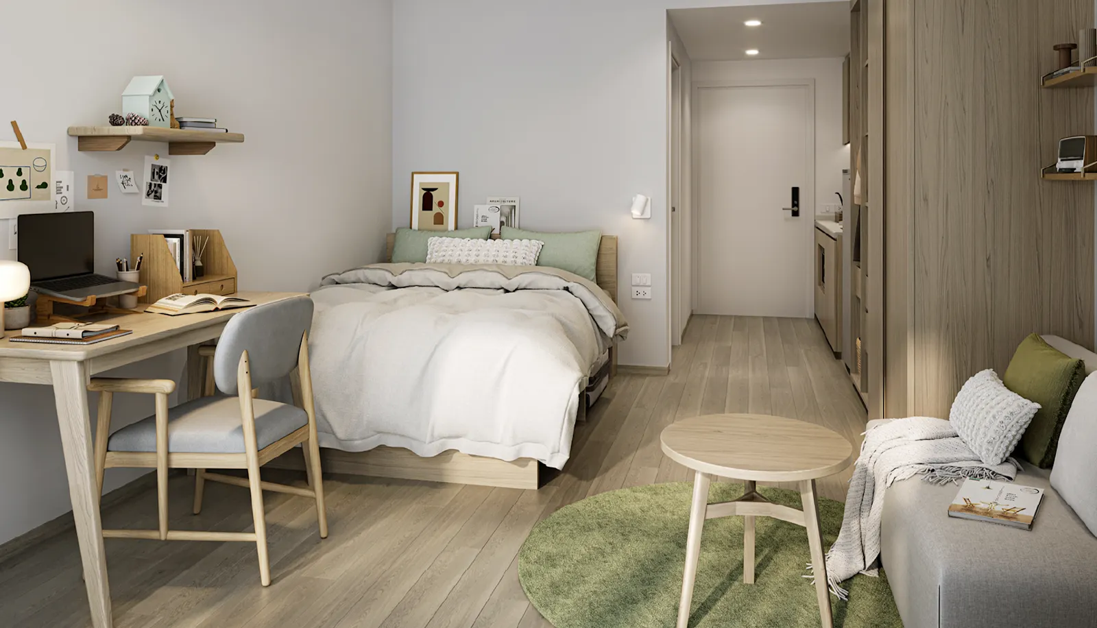 A bedroom with a small bed and a small table AI-generated content may be incorrect.