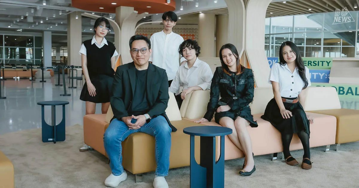 Fourth-year students from the Interior Architecture program, School of Architecture — led by Bas Adisorn Simma, Erng-oei Boonraksa Detchwongya, Mai Pattarawadee Udomphithak, and PP Phasakorn Ratsamee — collaborated to design the 5th-floor space of the Surat Library Building (C6) under the concept "Lively x Inter," bringing color and vitality to the learning space while reflecting BU's identity in a cohesive way.