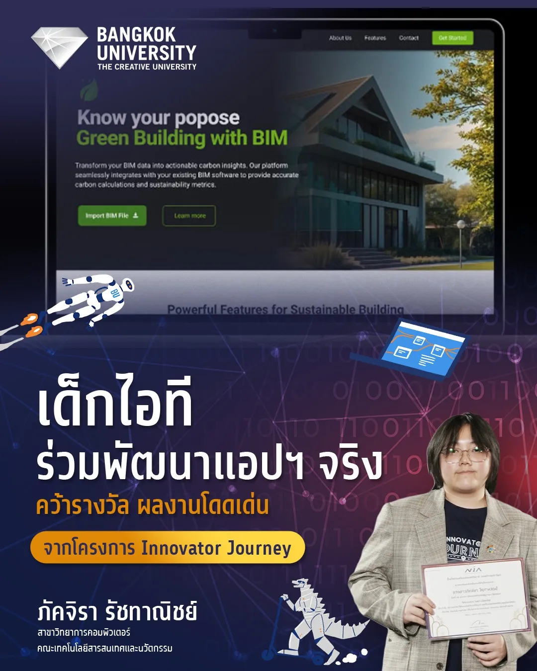 ขอแสดงความยินดีกับภัคจิรา รัชทาณิชย์ นักศึกษาชั้นปีที่ 3 สาขาวิทยาการคอมพิวเตอร์ คณะเทคโนโลยีสารสนเทศและนวัตกรรม มหาวิทยาลัยกรุงเทพ ที่ได้ฝึกงานและร่วมพัฒนาแอปพลิเคชัน GreenBIM Intelligence Platform ซึ่งเป็นนวัตกรรมช่วยคำนวณและตรวจเช็กคาร์บอนฟุตพริ้นท์ของวัสดุก่อสร้างอย่างแม่นยำ มุ่งเน้นการวิเคราะห์และบริหารจัดการข้อมูลอาคารเพื่อการพัฒนาอย่างยั่งยืน เข้าประกวดในโครงการ Innovator Journey และได้รับรางวัล ผลงานโดดเด่น หนึ่งใน 10 ผลงานที่มีส่วนช่วยขับเคลื่อนองค์กรสู่ธุรกิจ Green Transformation