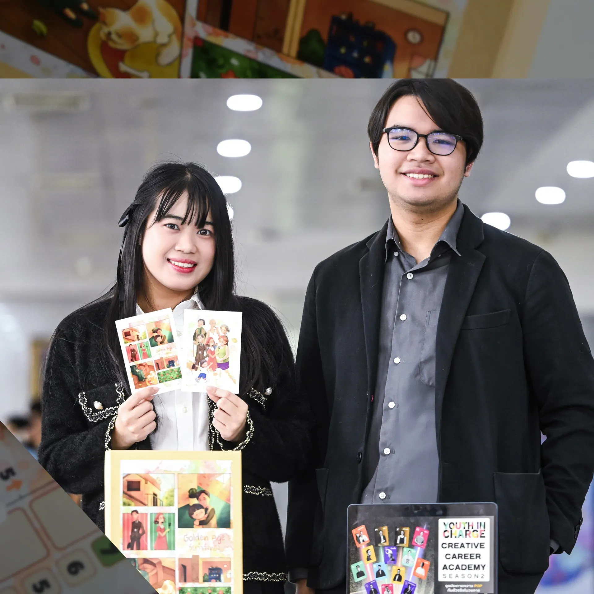 โชว์ฝีมือสร้างสรรค์เป็นผลงานที่โดดเด่น พี่บีม นวพล บัวสอน และพี่พราว สุทธิดา ชูสมภพ เจ้าของผลงานบอร์ดเกมวัยกำลังทองและบอร์ดเกม Electric Factory ที่ได้ลงมือทำจริงเป็นผลงานที่เกิดจากการร่วมแลกเปลี่ยนความคิดไอเดียกับเพื่อนต่างมหาวิทยาลัย จนกลายเป็นบอร์ดเกมที่ทั้ง สนุก เล่นเพลิน  และยังได้ความรู้ จากการเข้าร่วมโปรเจกต์สุดสร้างสรรค์ Youth In Charge Creative Career Academy 2 สำหรับผลงานนักศึกษาได้สร้างสรรค์มาเป็นบอร์ดเกมที่ให้ได้ลองเล่นจริงมาแล้วในงาน อว. แฟร์ 2025 และ Sustainability Expo 2025 (SX2025) ที่ผ่านมา